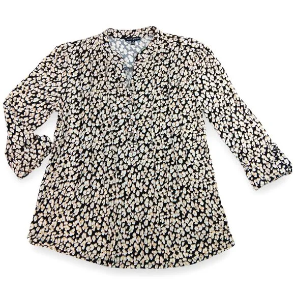 AVA & GRACE-Women's Pleated 3/4 Sleeve-SMALL-Floral-Black with White-Tan Flowers - Picture 1 of 12